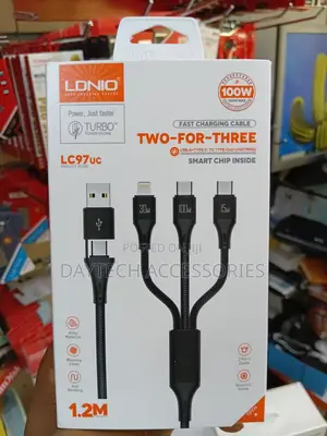 Ldnio Lc97uc 3-in-1 Fast Charging Cable With a Black Woven Exterior.