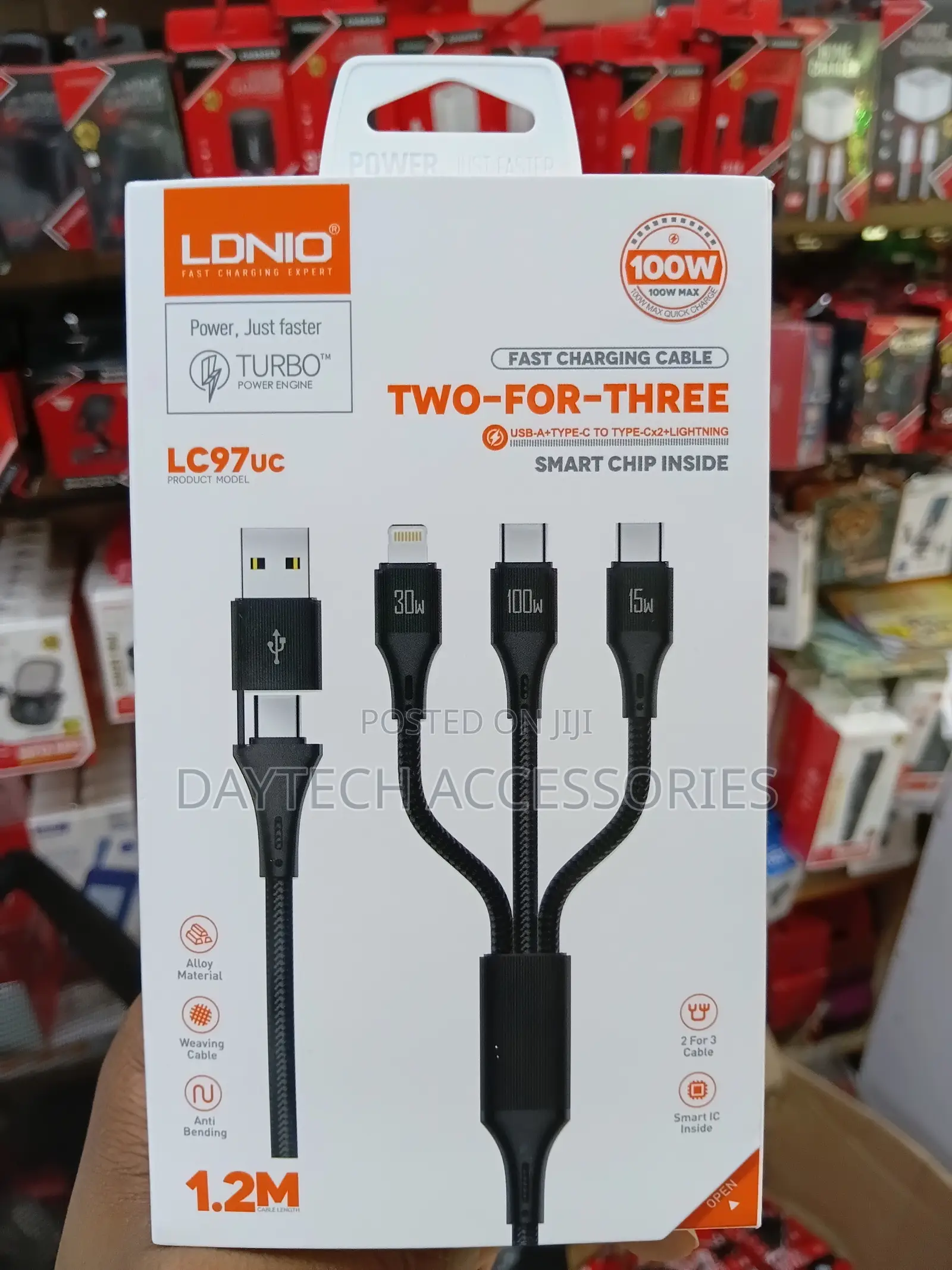Ldnio Lc97uc 3-in-1 Fast Charging Cable With a Black Woven Exterior.
