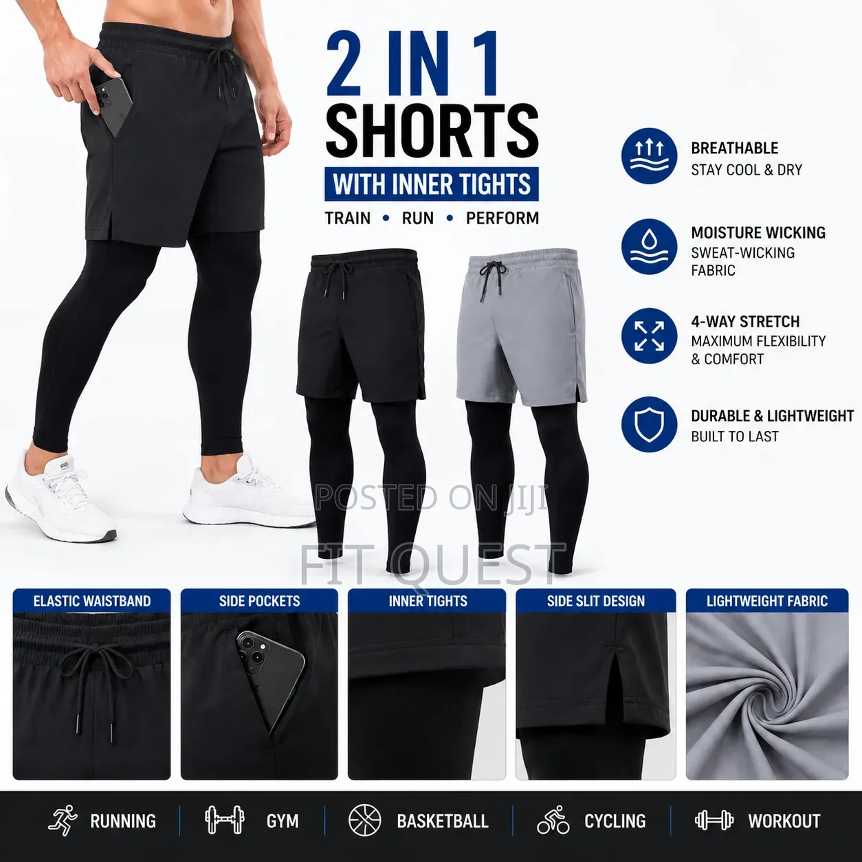 2 in 1 Men's Sports Training Shorts With Compression Tights Pockets