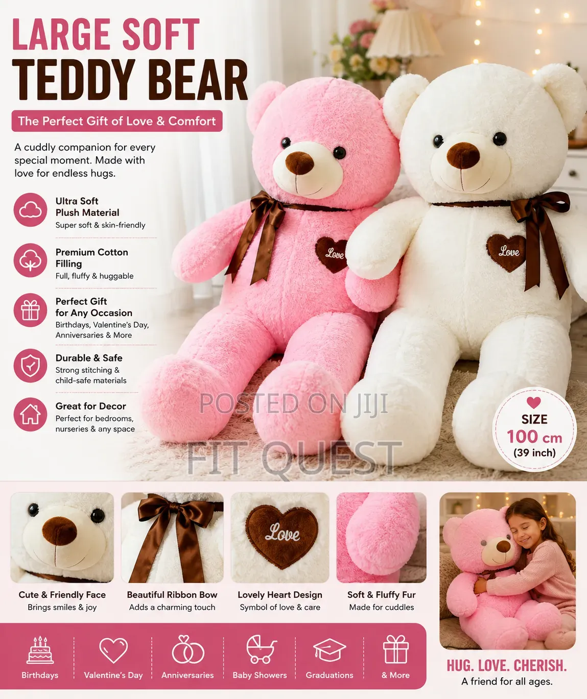 100cm Large Soft Teddy Bear Plush Toy Gift for Kids and Loved Ones