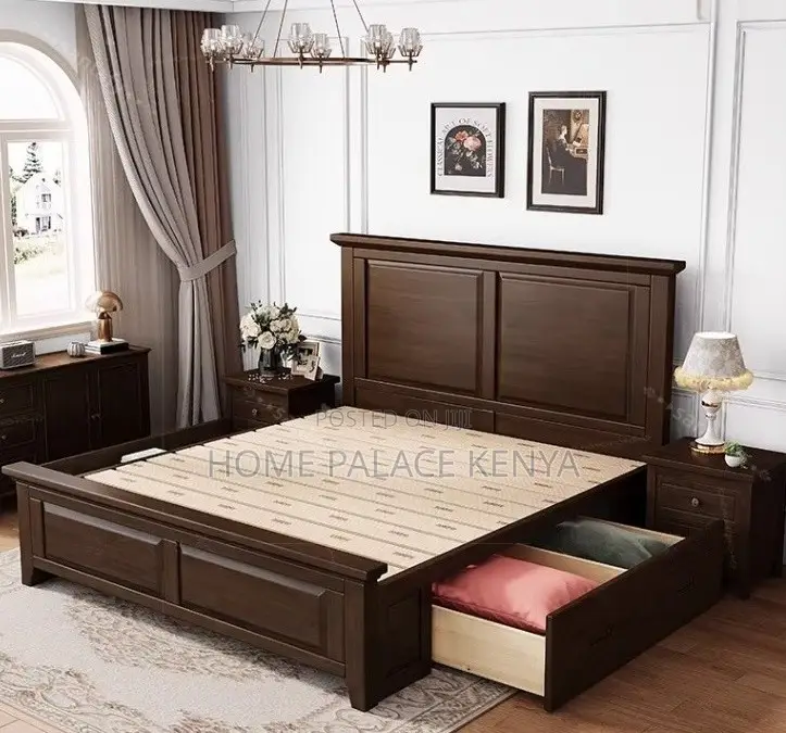 Wooden Bed: Solid Teak Wood Bed Frame With Panel Style and Storage