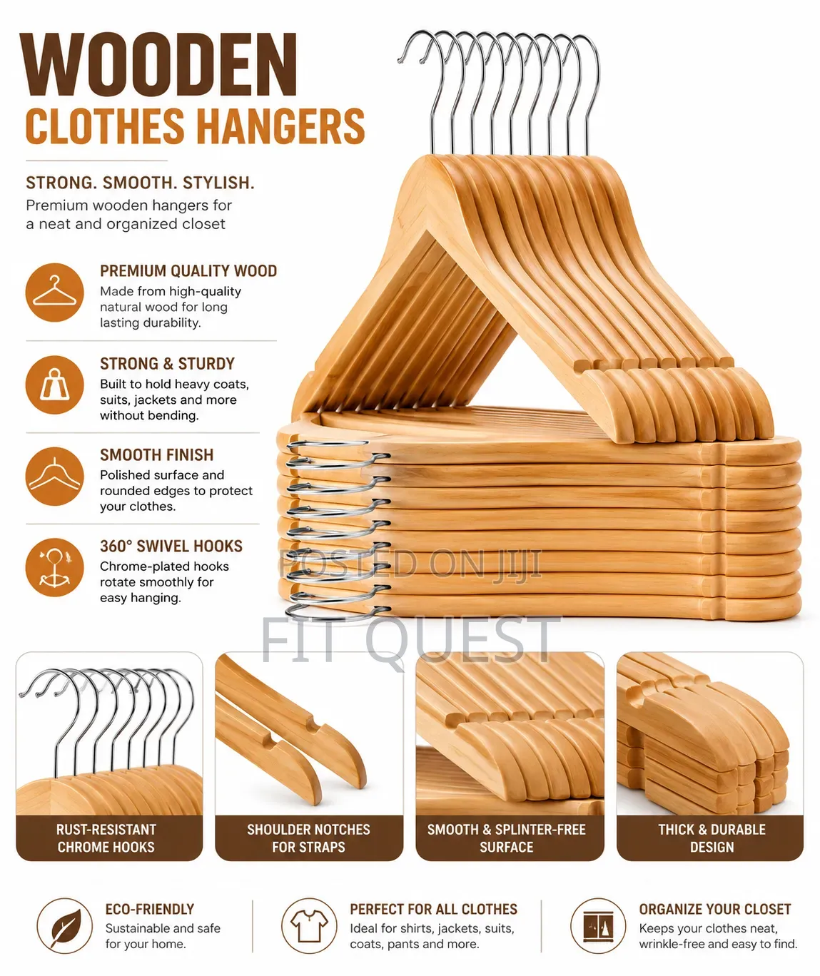 Premium Wooden Clothes Hangers Set Strong Smooth Finish