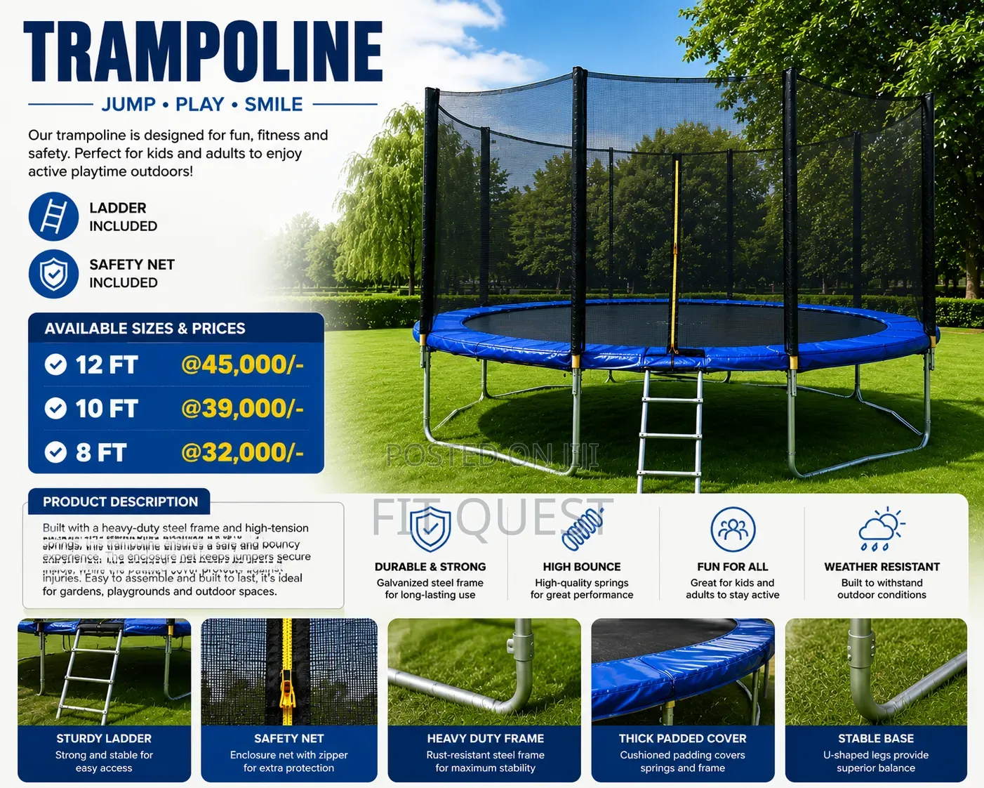 8ft Trampoline With Safety Net and Ladder Outdoor Kids Play Set
