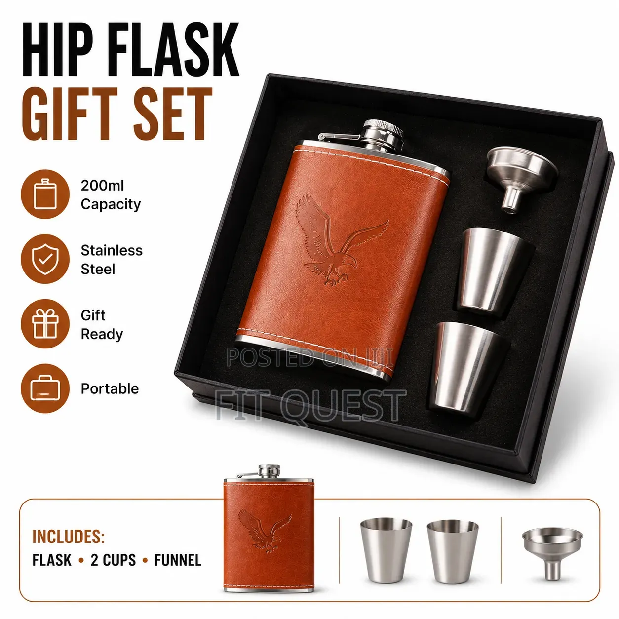 Premium Stainless Steel Hip Flask Gift Set With Tot Glasses and Funnel