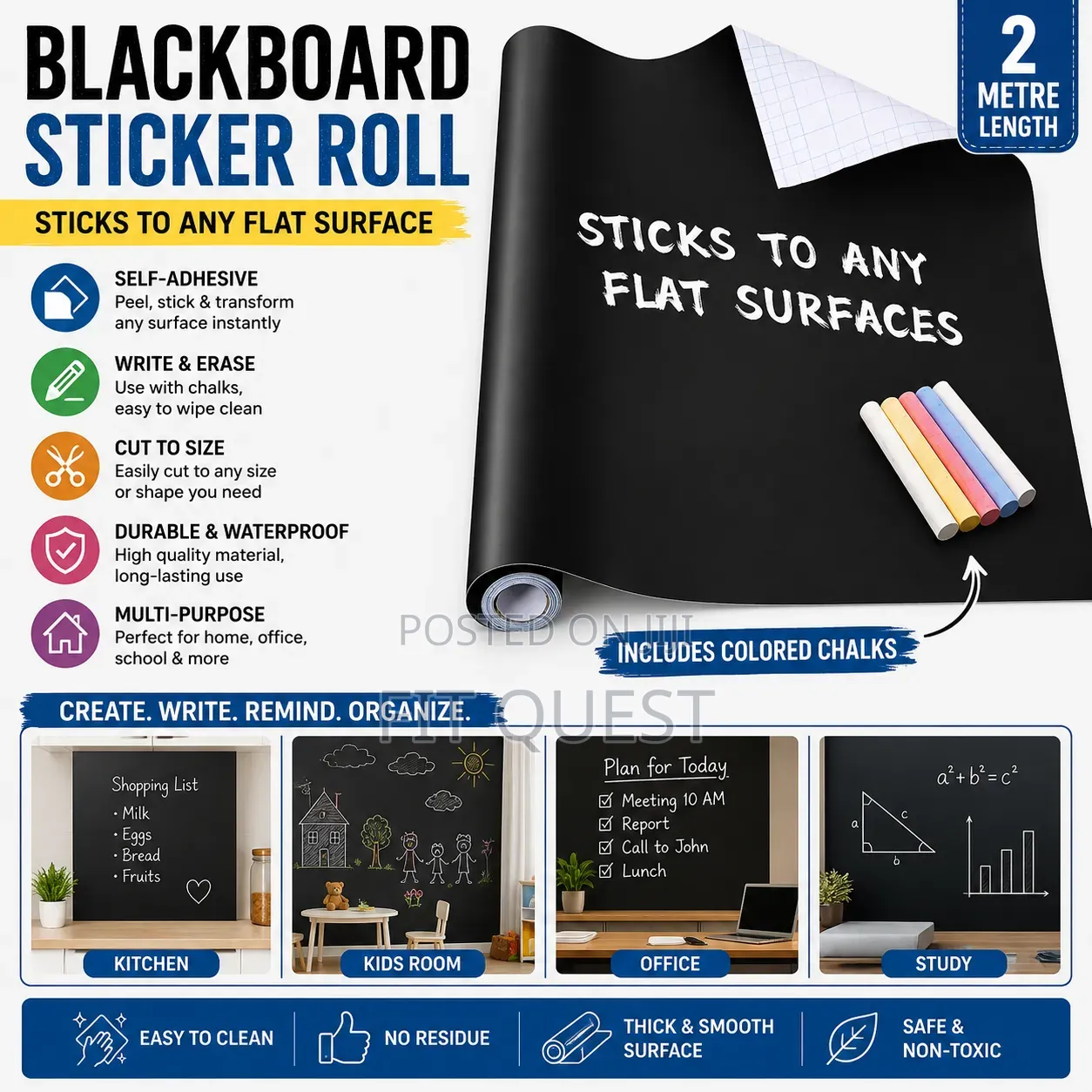 2metre Self Adhesive Blackboard Sticker Roll With Colored Chalk Set