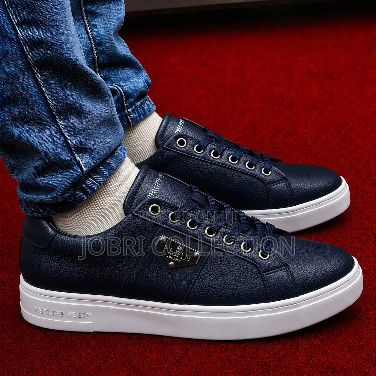 Navy Blue Philip Plein Leather Casual Sneakers