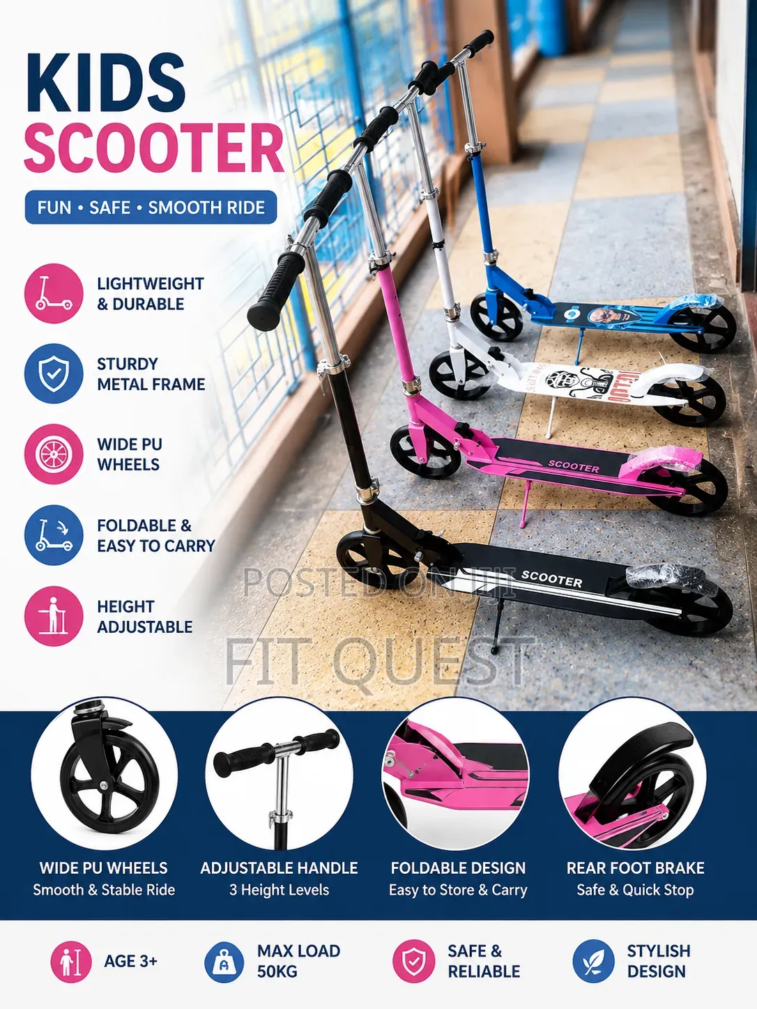 Kids Foldable Adjustable Scooter With Pu Wheels Outdoor Ride Toy