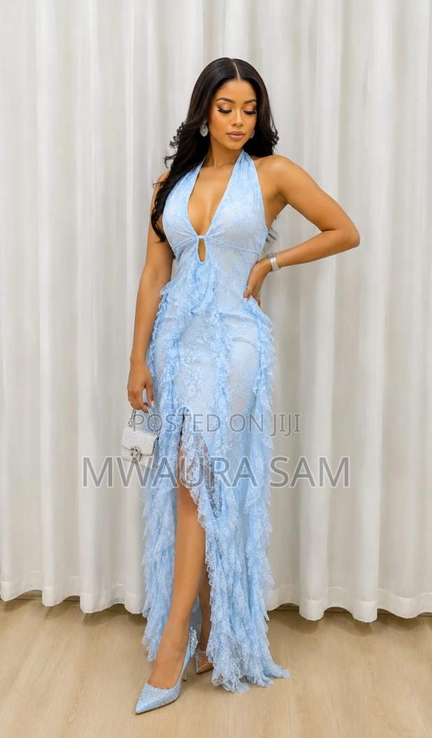 Classy Light Blue High Slit Maxi Dress - main view