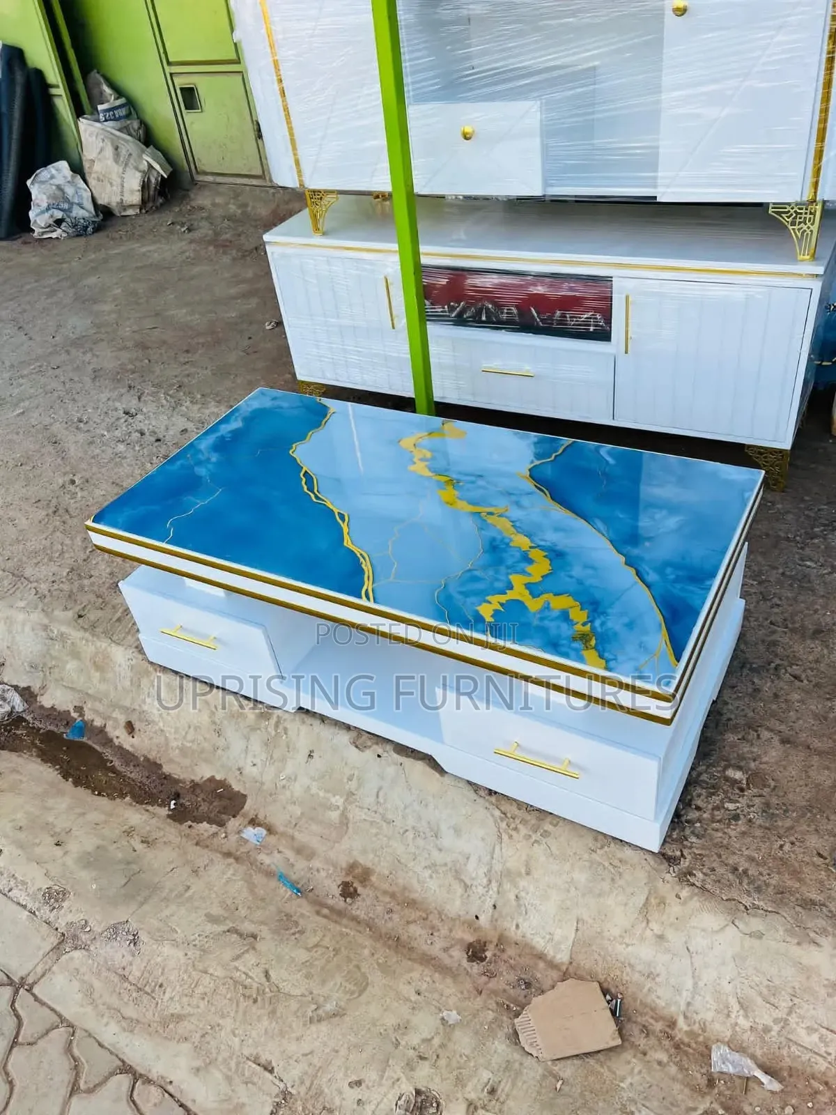 Table White Double Belt Marble Top Blue