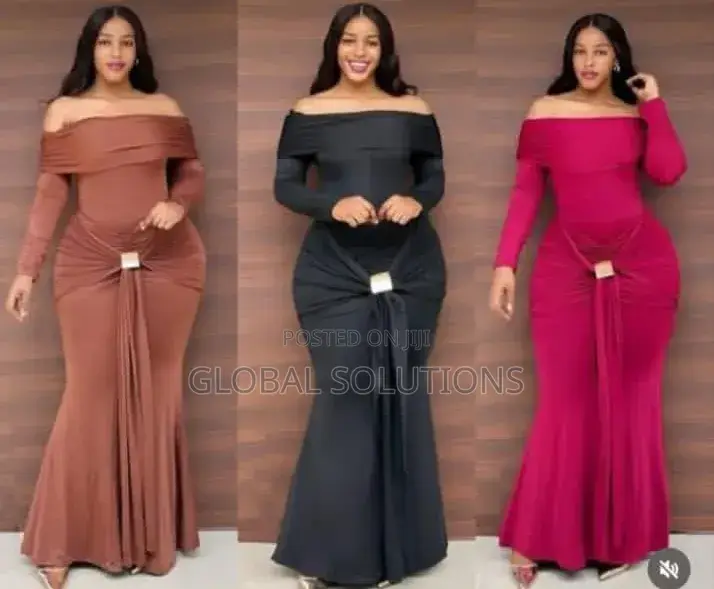 Elegant Off-Shoulder Maxi Dress Featuring a Gold Accent Front Tie Knot