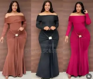Elegant Off-Shoulder Maxi Dress Featuring a Gold Accent Front Tie Knot