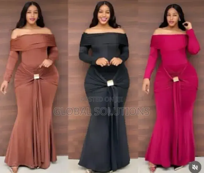 Elegant Off-Shoulder Maxi Dress Featuring a Gold Accent Front Tie Knot