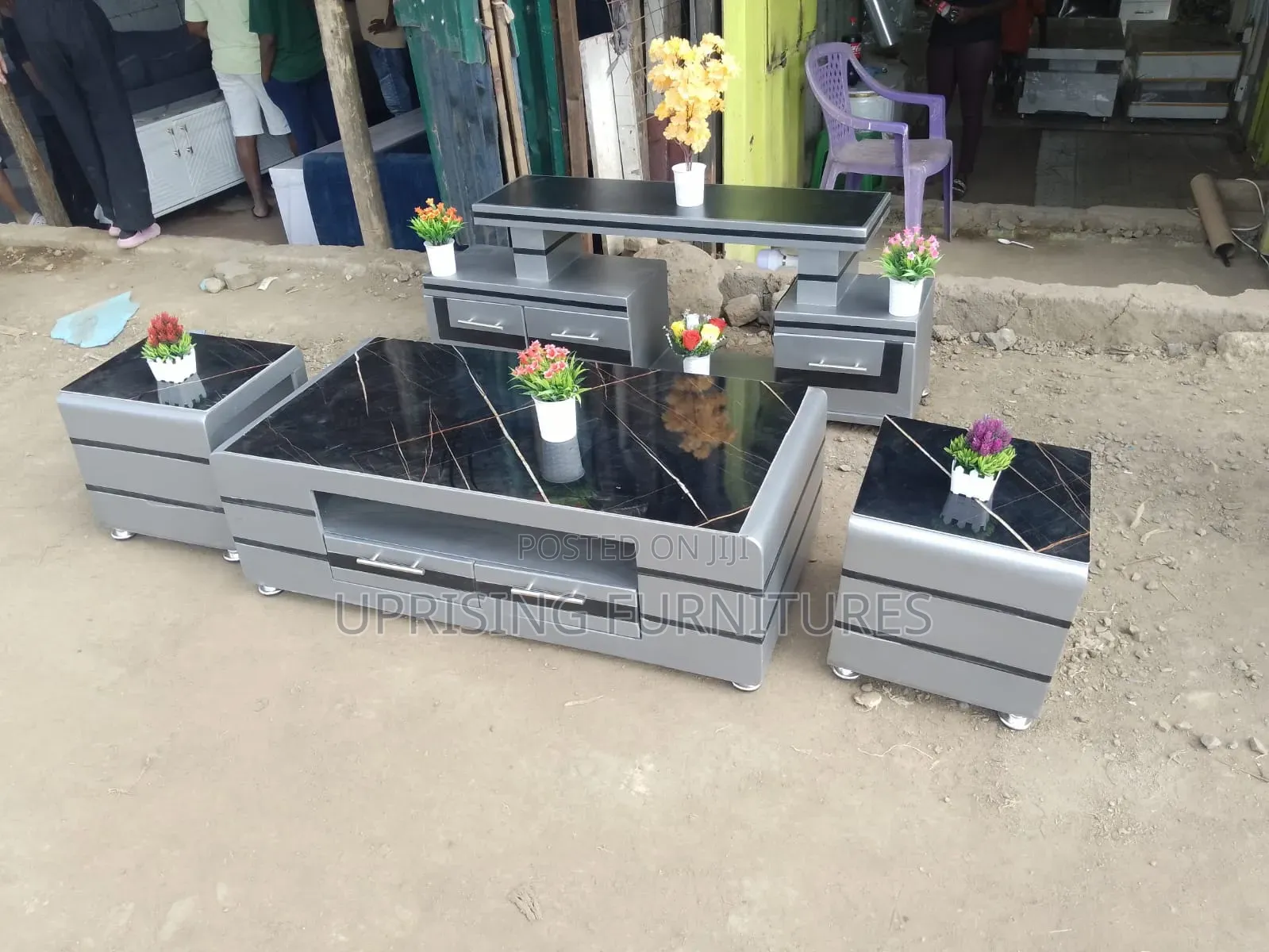 Coffee Table Gray + 2 Stools Tv Stand