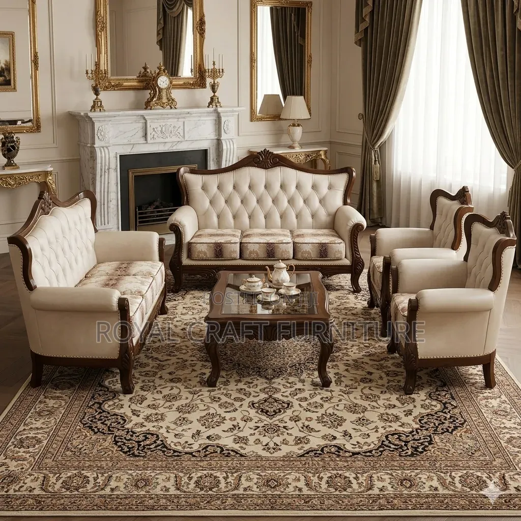 Luxury Royal Victorian Sofa Set - Premium Tufted Cream Fabric