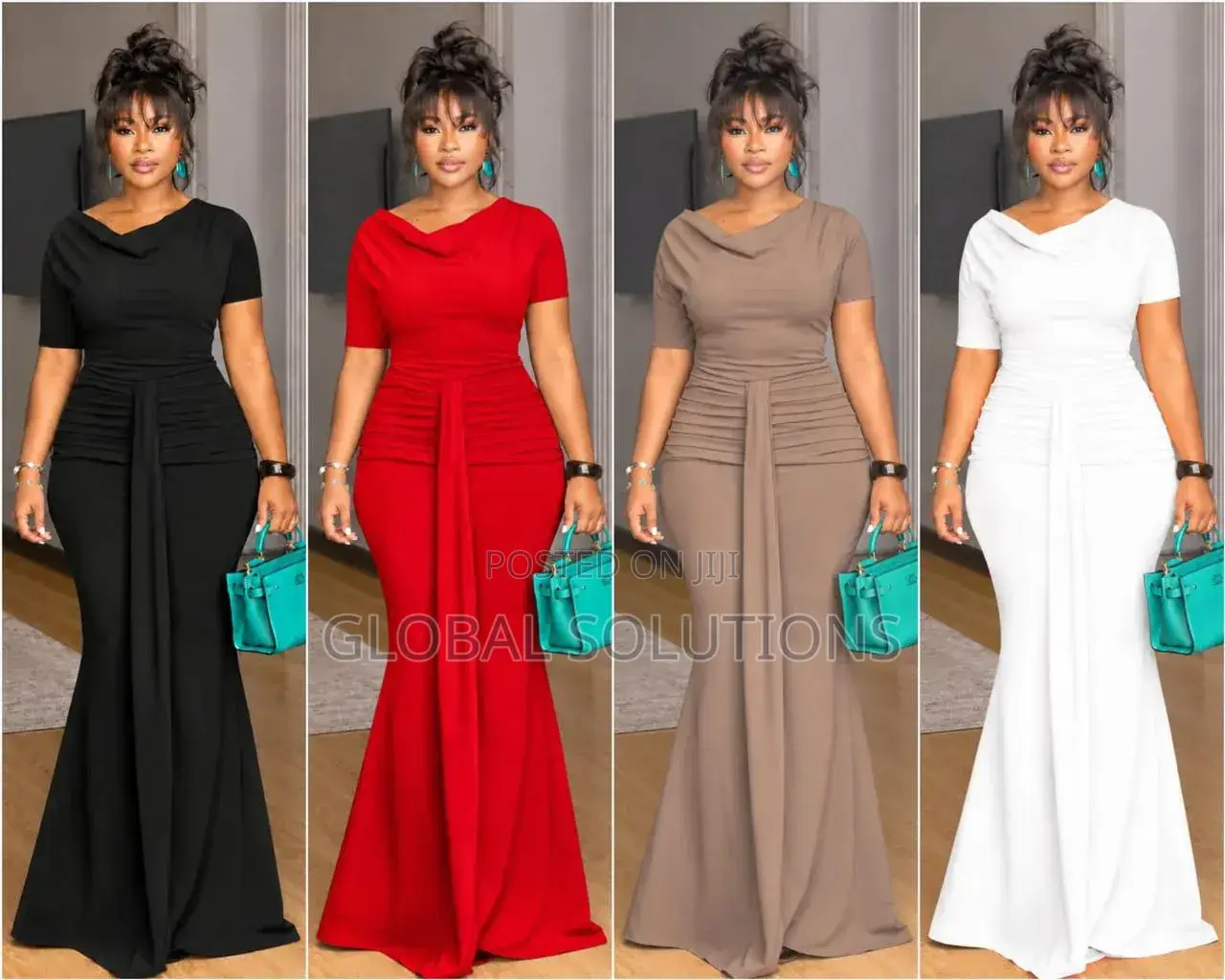 Elegant Maxi Dress Features a Draped Cowl Neck and Ruched Detailing