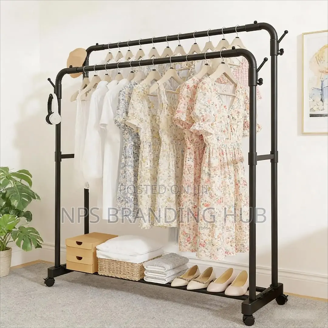 Double Pole Wheeled Cloth Rack With a Bottom Shoe Rack(Stda)