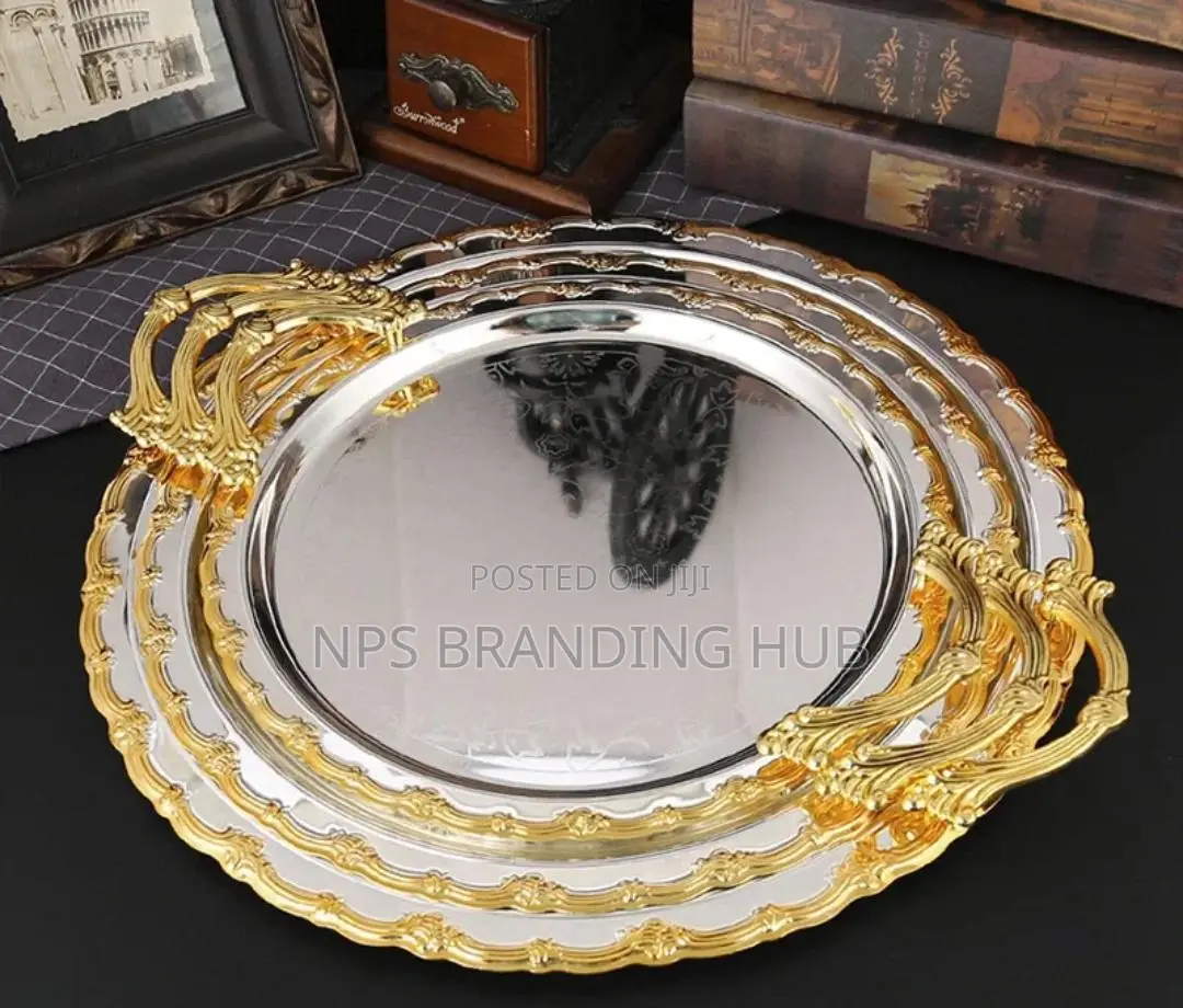 3pcs Luxury Round Gold Plated Premium Serving Tray Set (Stda