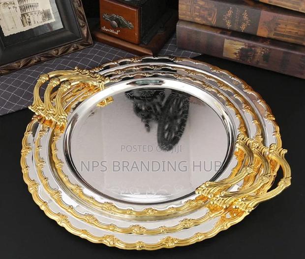 3pcs Luxury Round Gold Plated Premium Serving Tray Set (Stda - main view