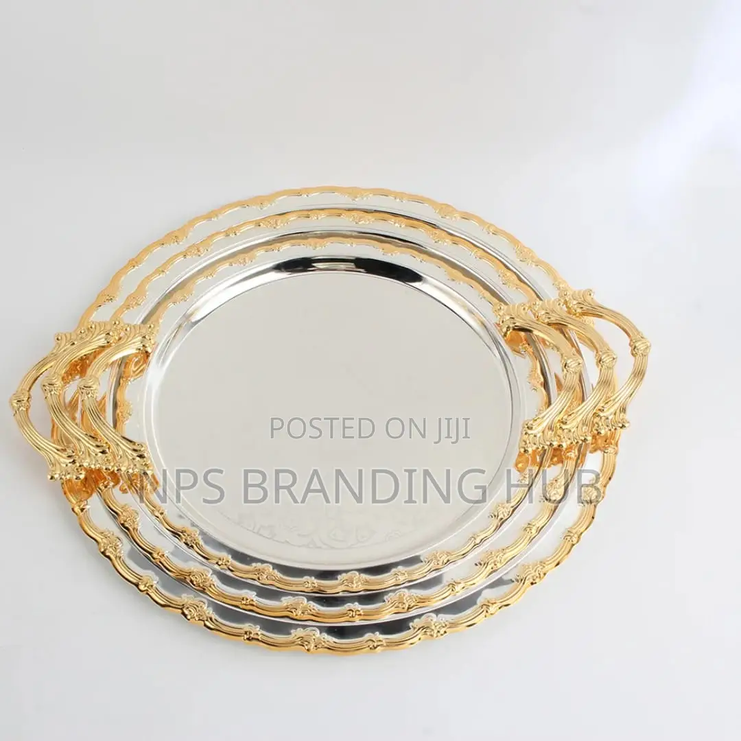 3pcs Luxury Round Gold Plated Premium Serving Tray Set (Stda