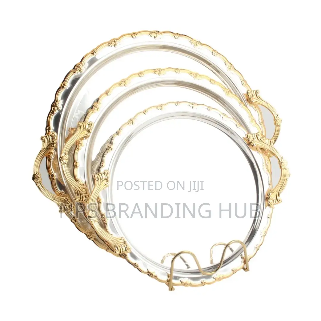 3pcs Luxury Round Gold Plated Premium Serving Tray Set (Stda