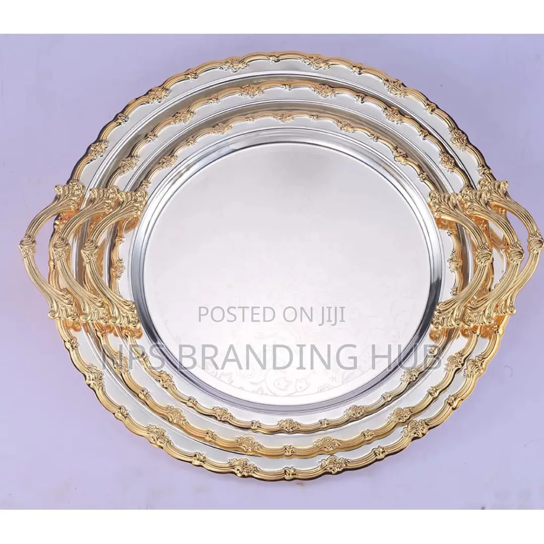 3pcs Luxury Round Gold Plated Premium Serving Tray Set (Stda