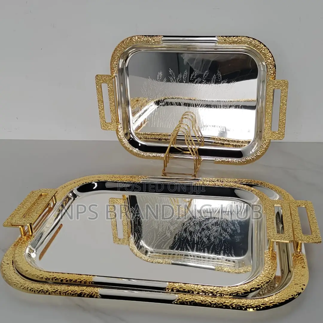 3pcs Rectangular Stainless Serving Trays Gold Coated Handle(Stda
