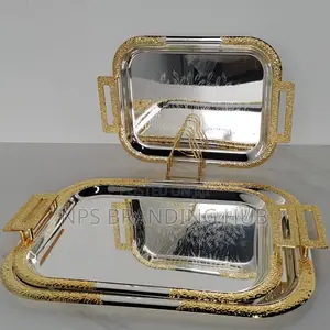 3pcs Rectangular Stainless Serving Trays Gold Coated Handle(Stda