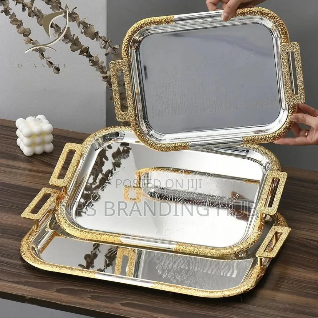 3pcs Rectangular Stainless Serving Trays Gold Coated Handle(Stda
