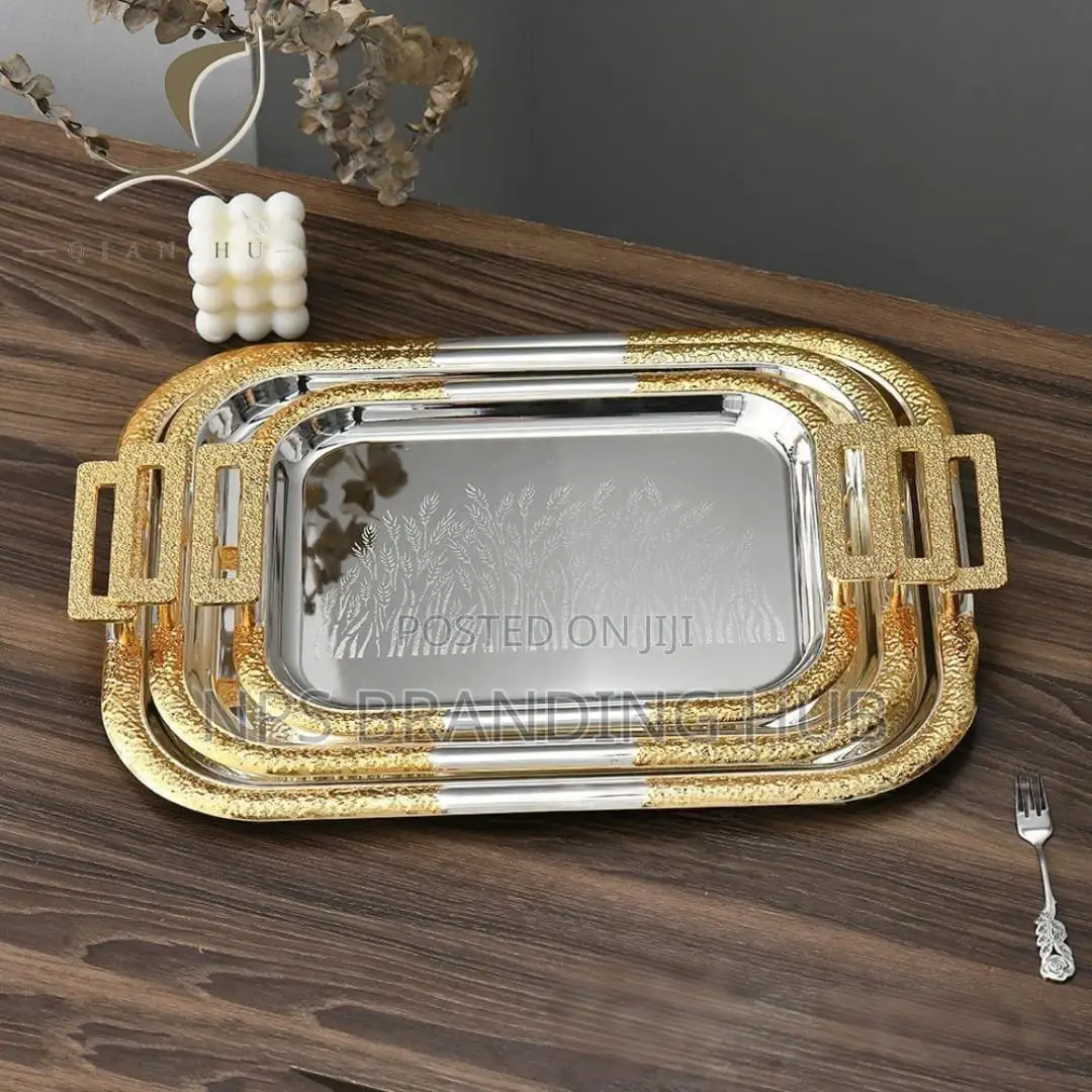3pcs Rectangular Stainless Serving Trays Gold Coated Handle(Stda