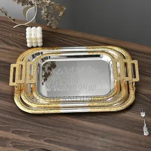 3pcs Rectangular Stainless Serving Trays Gold Coated Handle(Stda