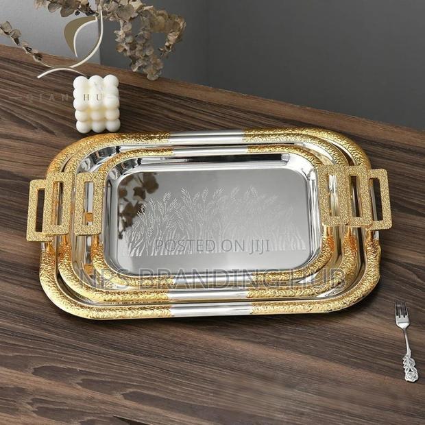 3pcs Rectangular Stainless Serving Trays Gold Coated Handle(Stda - thumbnail 3