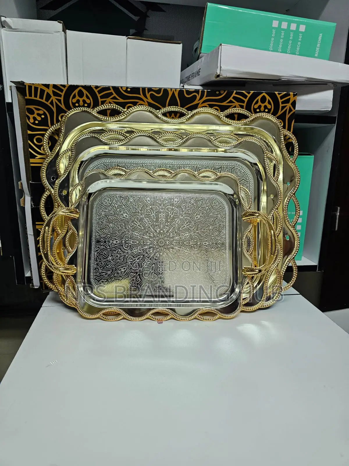 3pcs Rectangular Stainless Serving Trays Gold Coated Handle(Stda
