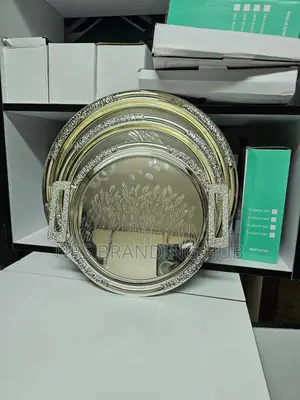 3pc Antique Round Double Tone Mirror Polished Metal Tray (Stda