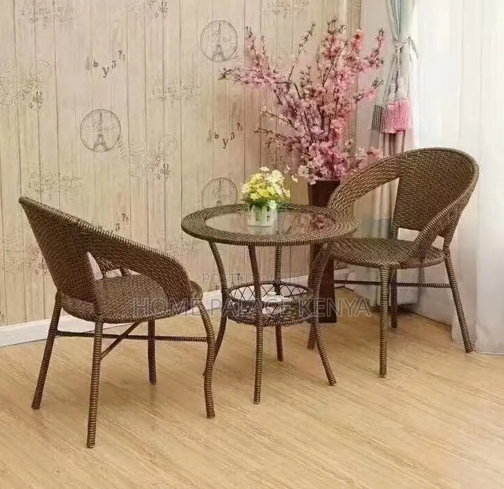 Balcony Set; Brown Rattan 3 Piece Balcony Table and Chair Set