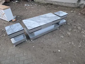 Premium Gray Coffee Table + 2 Stools Marble Top Gray