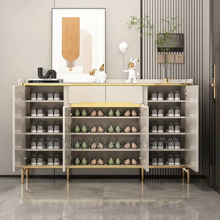 Storage Cabinet: 4 Door Wooden Shoe Cabinet With Marble Top
