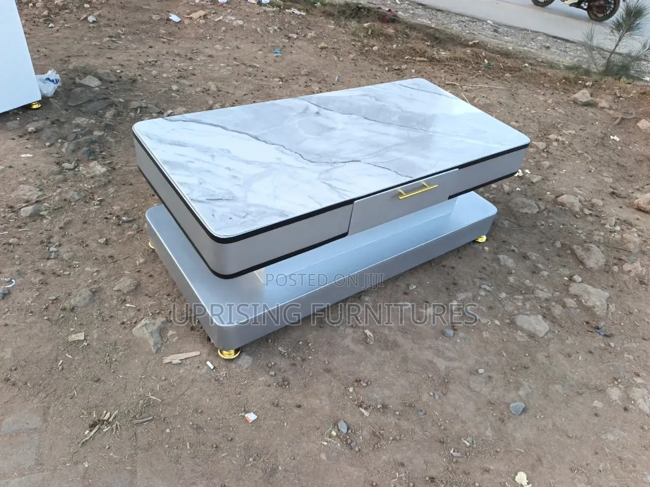 Designer Coffee Table Gray T Frame Marble Top Set