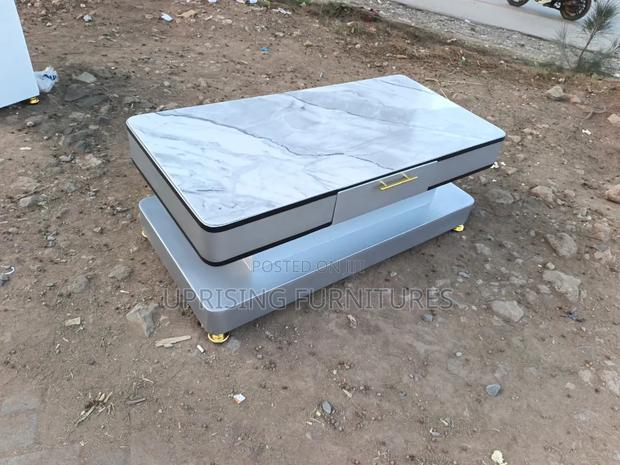 Designer Coffee Table Gray T Frame Marble Top Set
