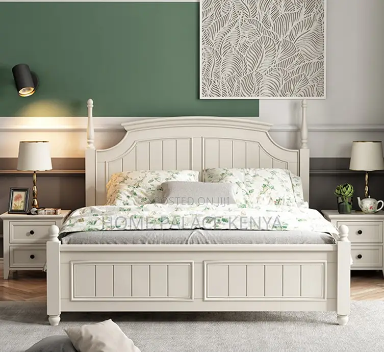 Wooden Bed: White Nordic Solid Oak Wood King Size Bed