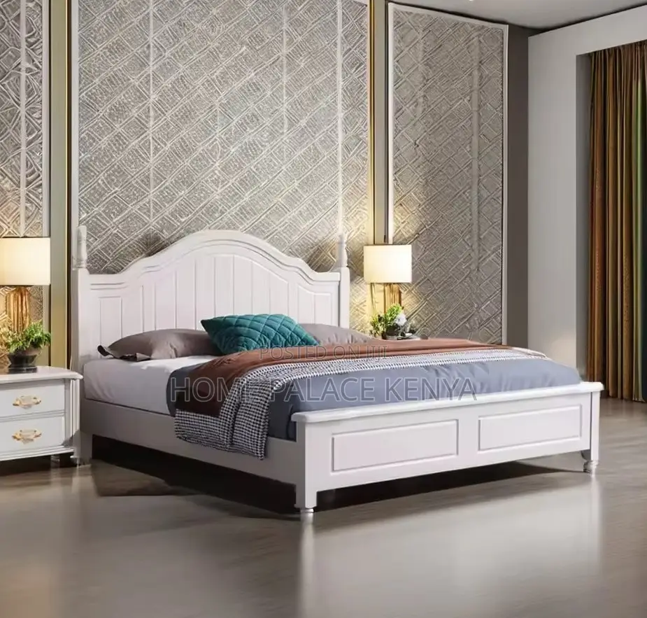 Wooden Bed: White Nordic Solid Oak Wood King Size Bed