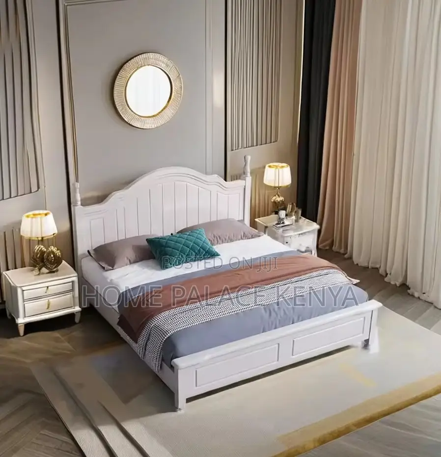 Wooden Bed: White Nordic Solid Oak Wood King Size Bed