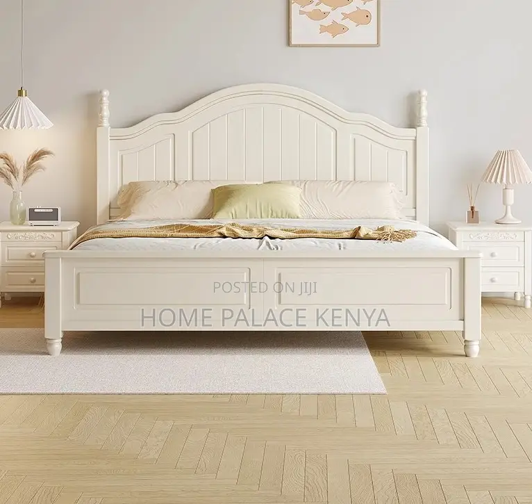 Wooden Bed: White Nordic Solid Oak Wood King Size Bed