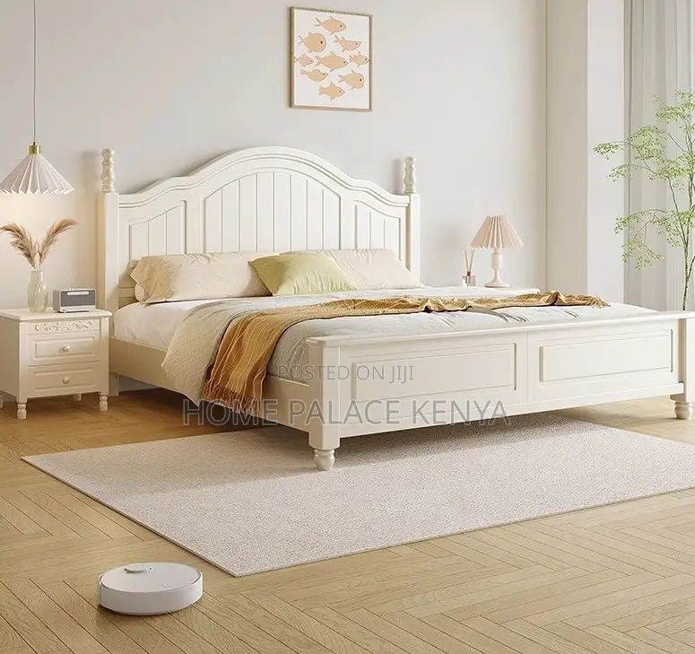 Wooden Bed: White Nordic Solid Oak Wood King Size Bed