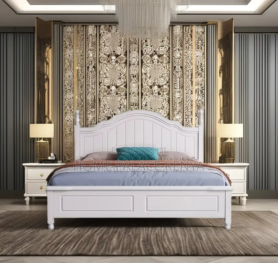 Wooden Bed: White Nordic Solid Oak Wood King Size Bed