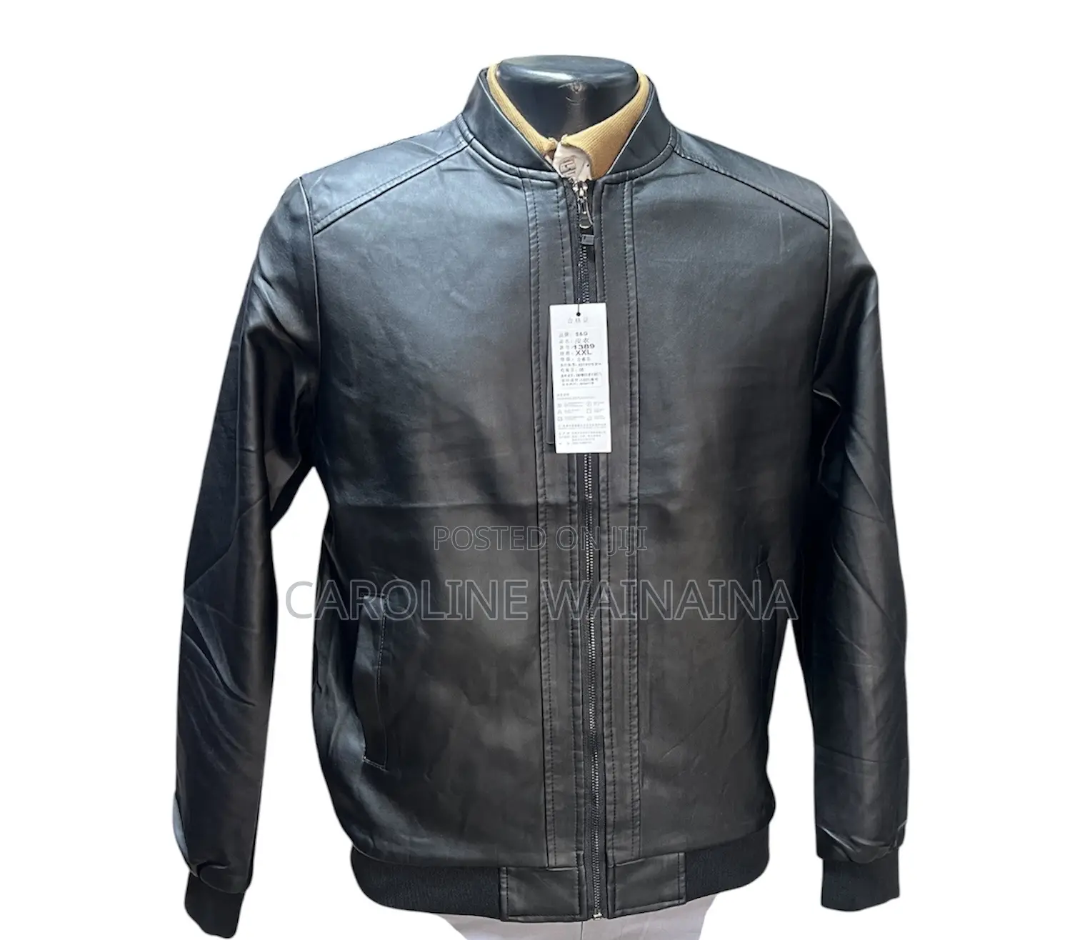 Plain Leather Jacket With Elastic Ribbed Cuffs Hands