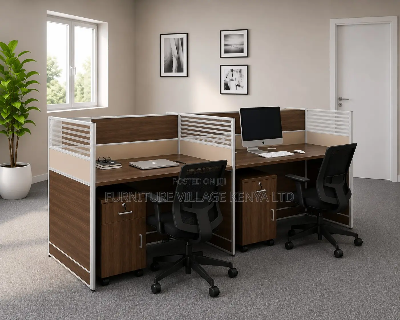 Office 4-Person Brown Workstation.