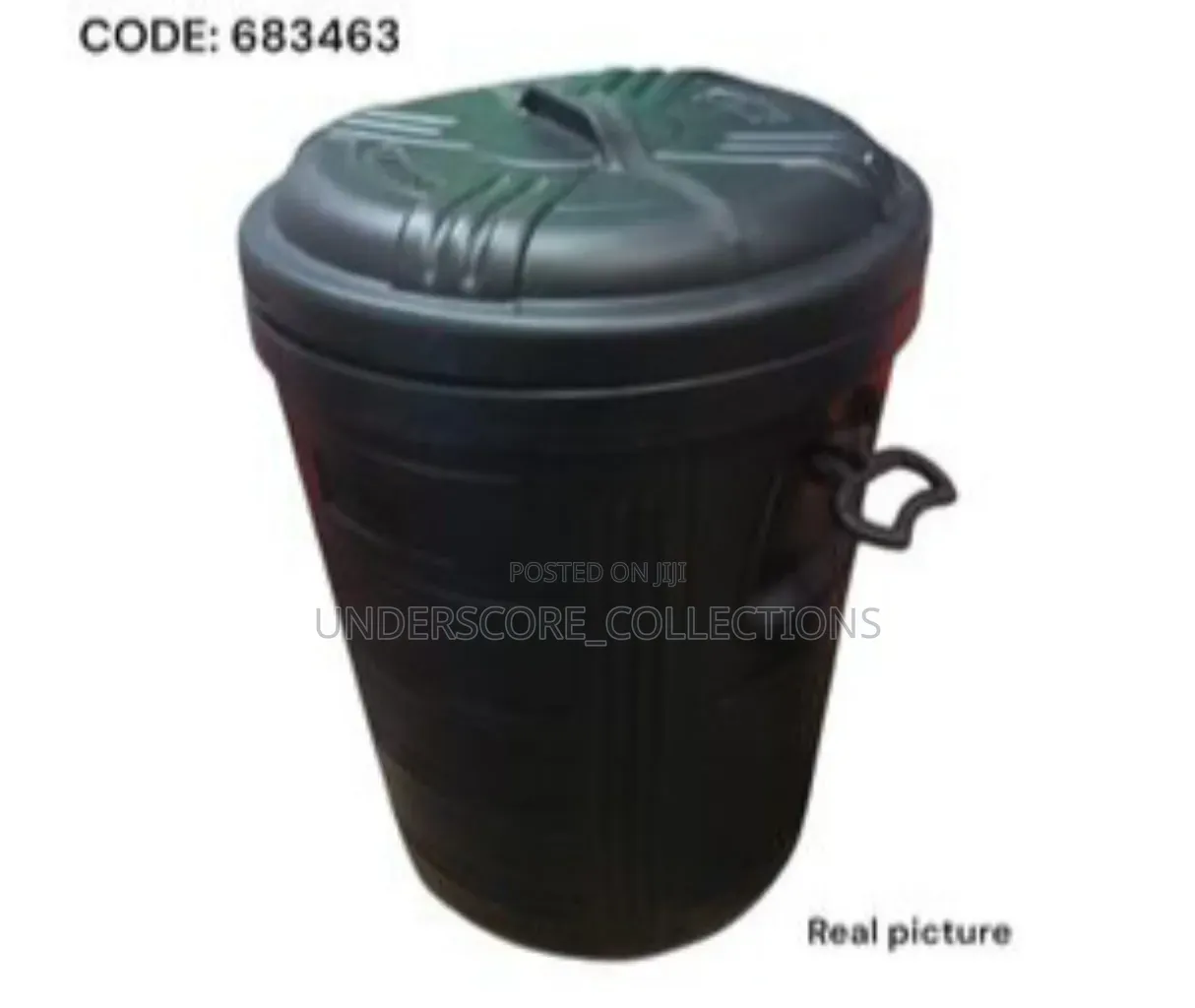 Item Is a 60-Liter Black Bucket or Dustbin That Includes a Lid
