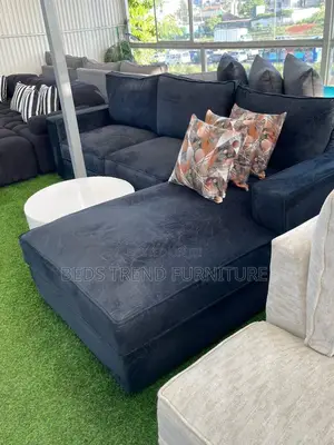 L Seat 6-Seater Dark Blue Plain Fabric Sofa With Cushions