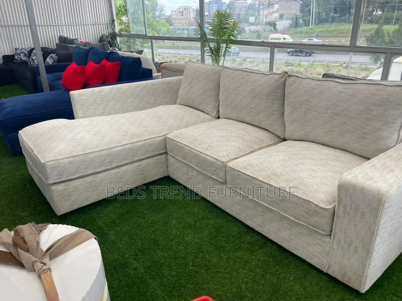 6-Seater L Seat Beige Textured Fabric Sofa