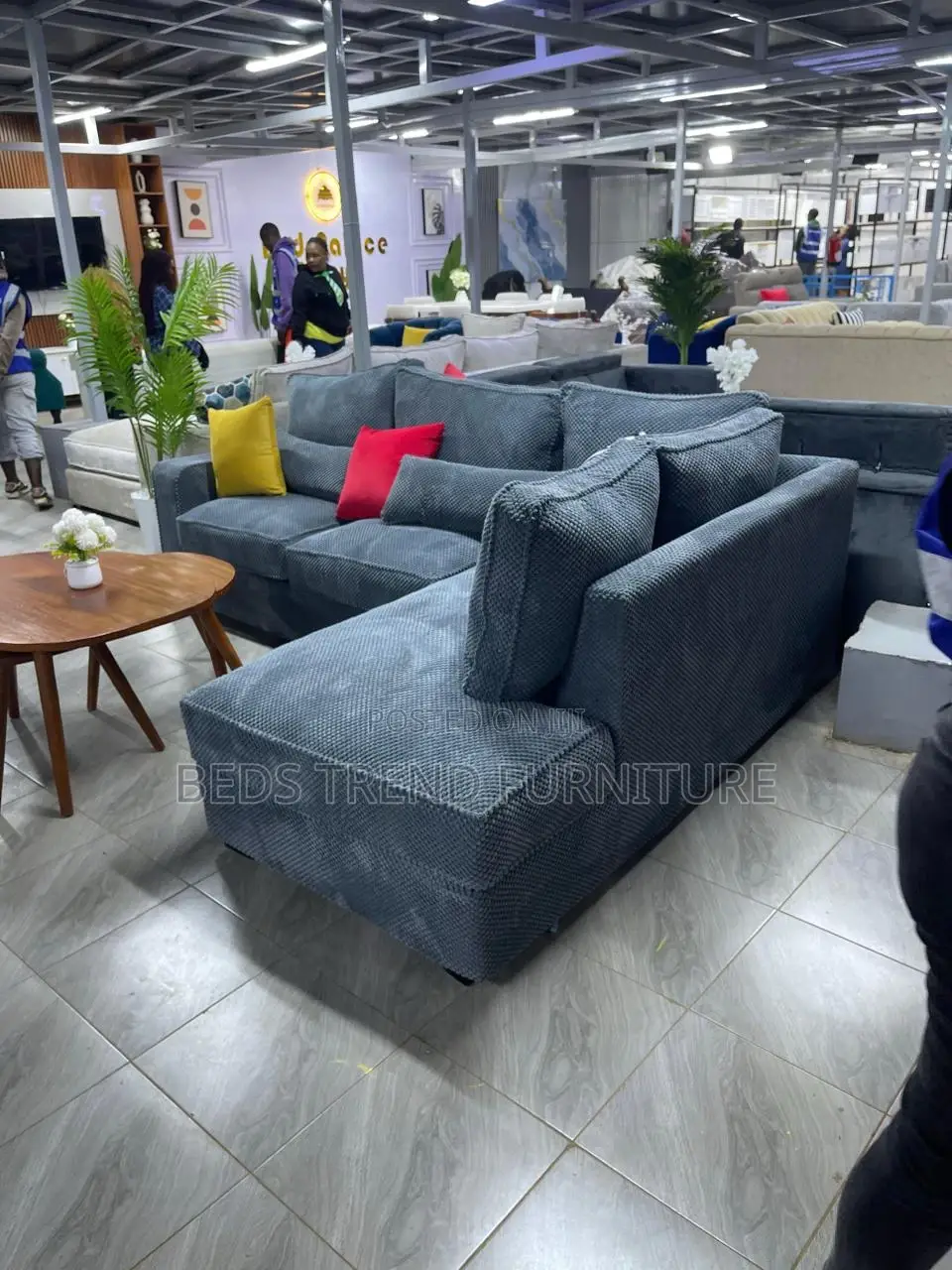 6-Seater L Seat Grey Bubble Fabric Sofa With Cushions